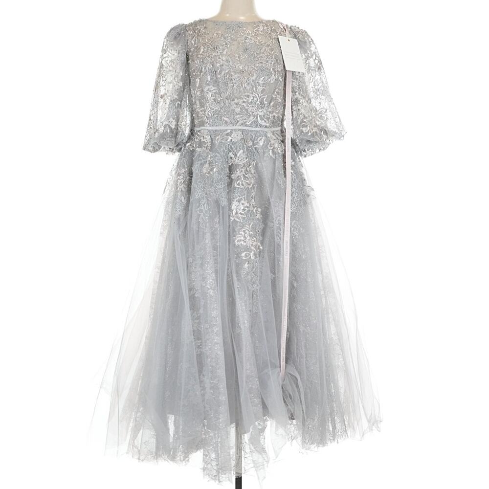 Mac Duggal Silver Lace Midi Dress